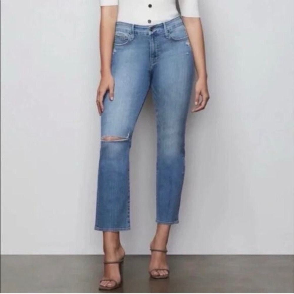 Good American Good Straight Jeans 24 High Rise Distressed‎ Light Wash Crop Denim